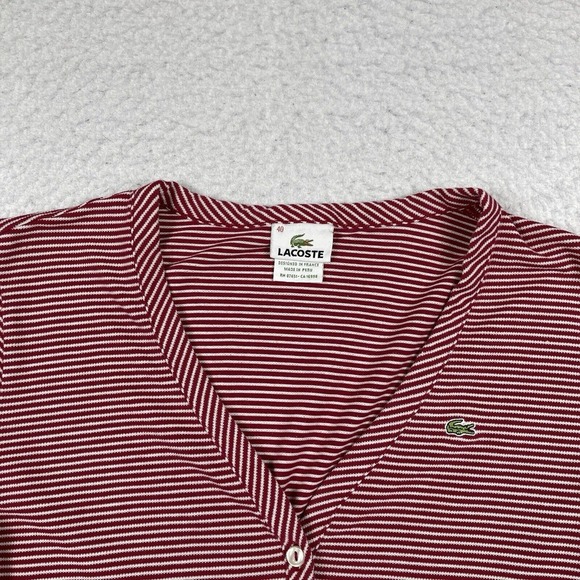 Lacoste Sweater Womens 40 US Medium Red White Cardigan Lightweight Preppy Work‎ - Picture 2 of 13